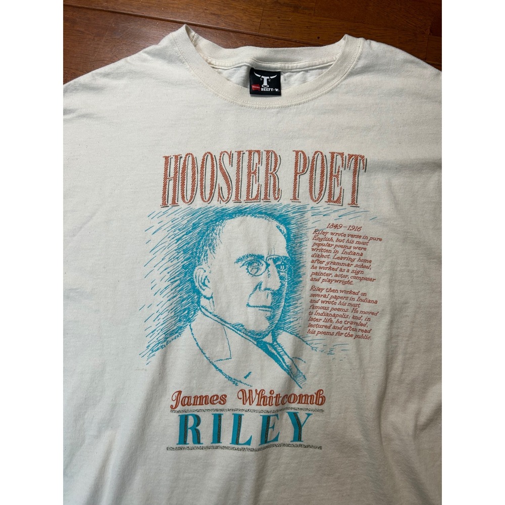 Vintage Hanes T-Shirt Mens XL Cream Hoosier Poet James Whitcomb Riley Graphic T